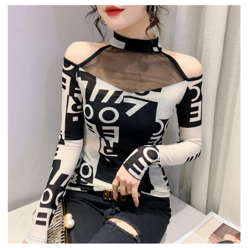 

Spring Autumn New Style Creative Stitching Hollow Mesh Off-shoulder Slim Long-sleeved Women s Bottoming Shirt Trendy L синій