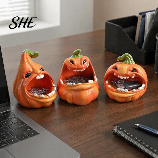 Halloween Party Ornament Big Mouth Pumpkin Storage Box, Figurine Resin Jewelry Tray, Bowl Trinket Keys Candy Holder for Home Office Desk Decor