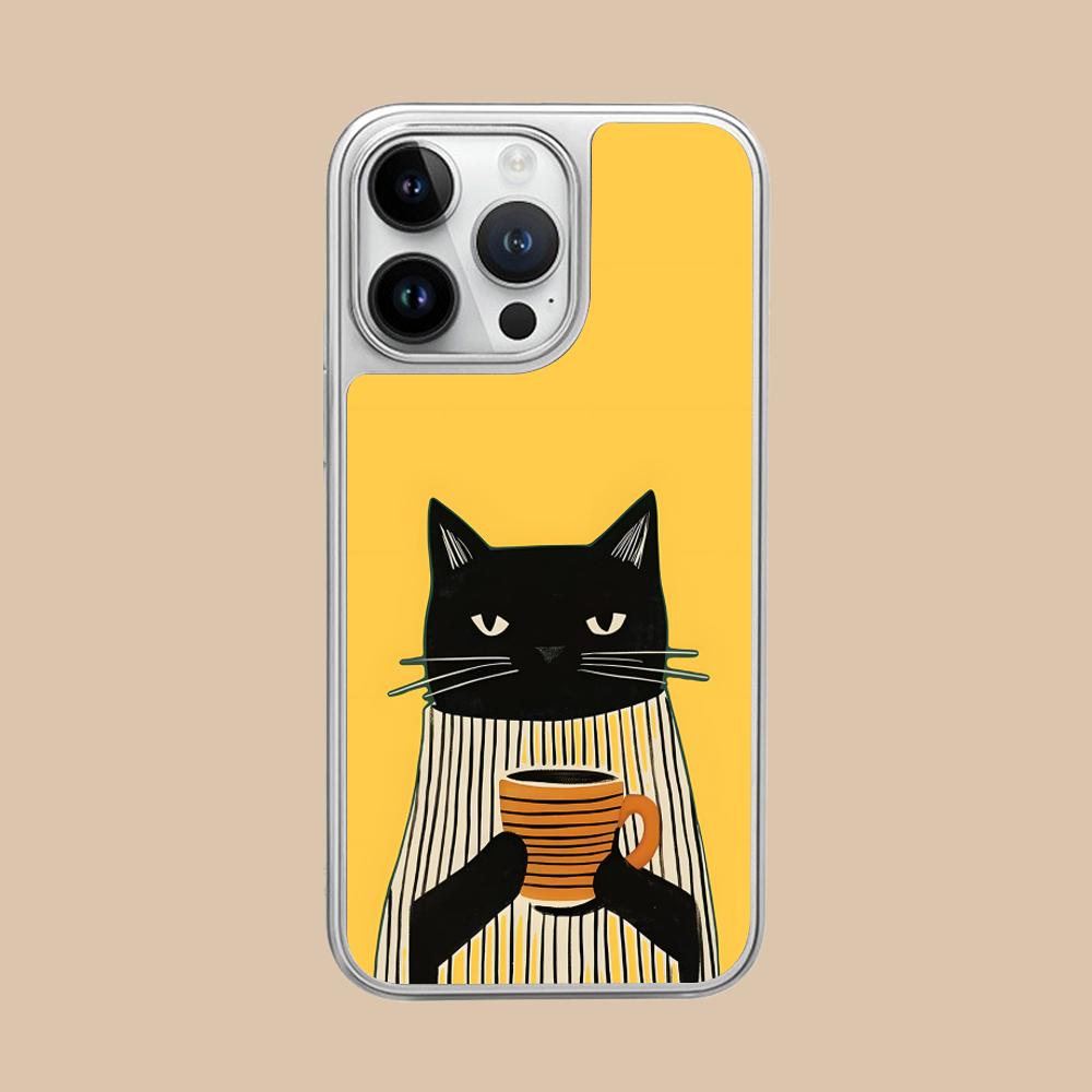 Cute Coffee Cat Silver Plating Mobile Phone Case for iPhone 17 16 15 14 13 12 11 Air Pro Max Plus Colorful Cover