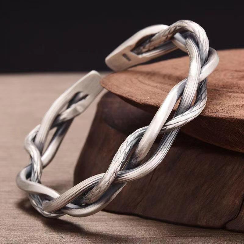 2023 Retro Men's Geometric Woven Cable Open Bangle in Silver-Plated Copper