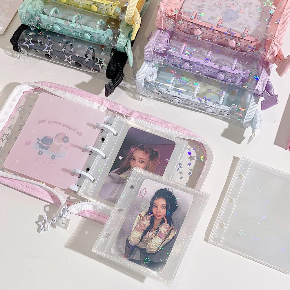 Korean Holographic Star PVC Card Holder - Cute Heart Zipper Album for Photocards & Journaling