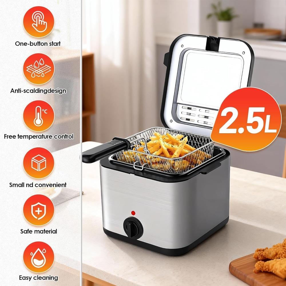Electric Deep Fryer, 2.5 Liters Oil Capacity, Small Deep Fryer with Non Stick Basket for Home Use, Cool Touch Sides Easy To Clean (silver)