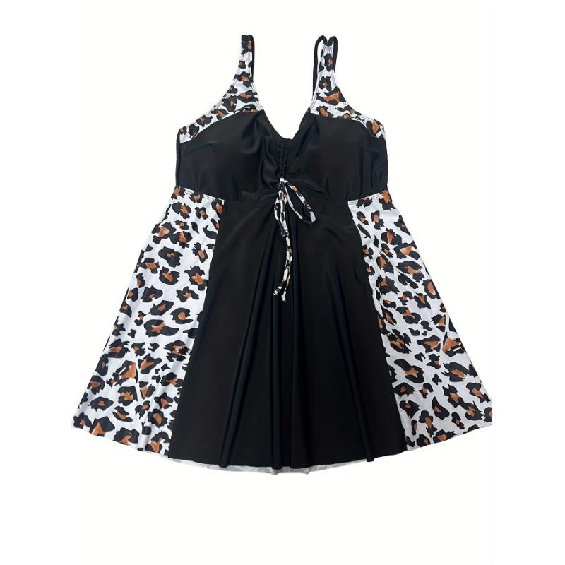 Women's Sexy Tankini Set, Plus Size Leopard Print V Neck Tie Front Skirted Top & High Cut Panty Swimsuit 2 Piece Set