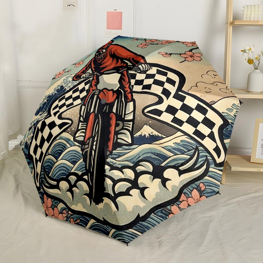 Buntglas Motorrad Kunst Automatischer Regenschirm Kompakt 8 Speichen Leichte Stabile Konstruktion Ganzjahres-Regenschirm für Reisen Modisches Accessoire
