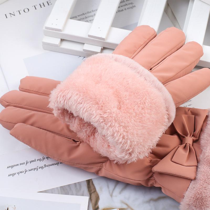 Winter Warm Gloves for Women with Velvet Waterproof Windproof Outdoor Cycling Touchscreen Butterfly Knot Cotton Gloves