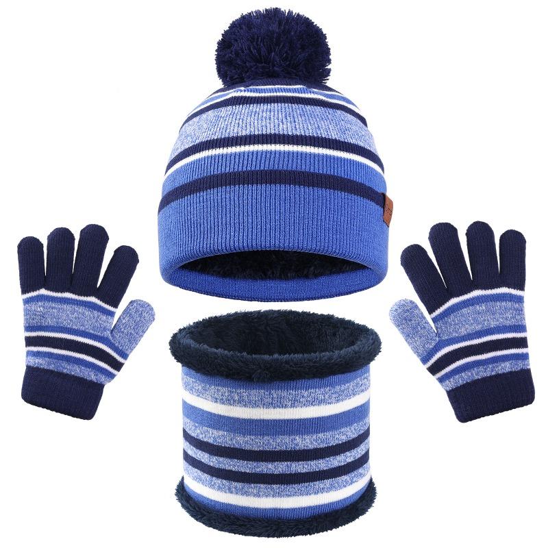 Children's Hat, Scarf, Gloves, Three Piece Set, Boys' and Girls' Winter Thick Warm Striped Knitted Hat Set