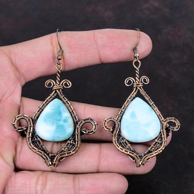 Larimar Earring Copper Wire Wrapped Earrings Larimar Jewelry Handmade Gemstone Earring Unique Earring Anniversary Gift Copper Wire Jewelry