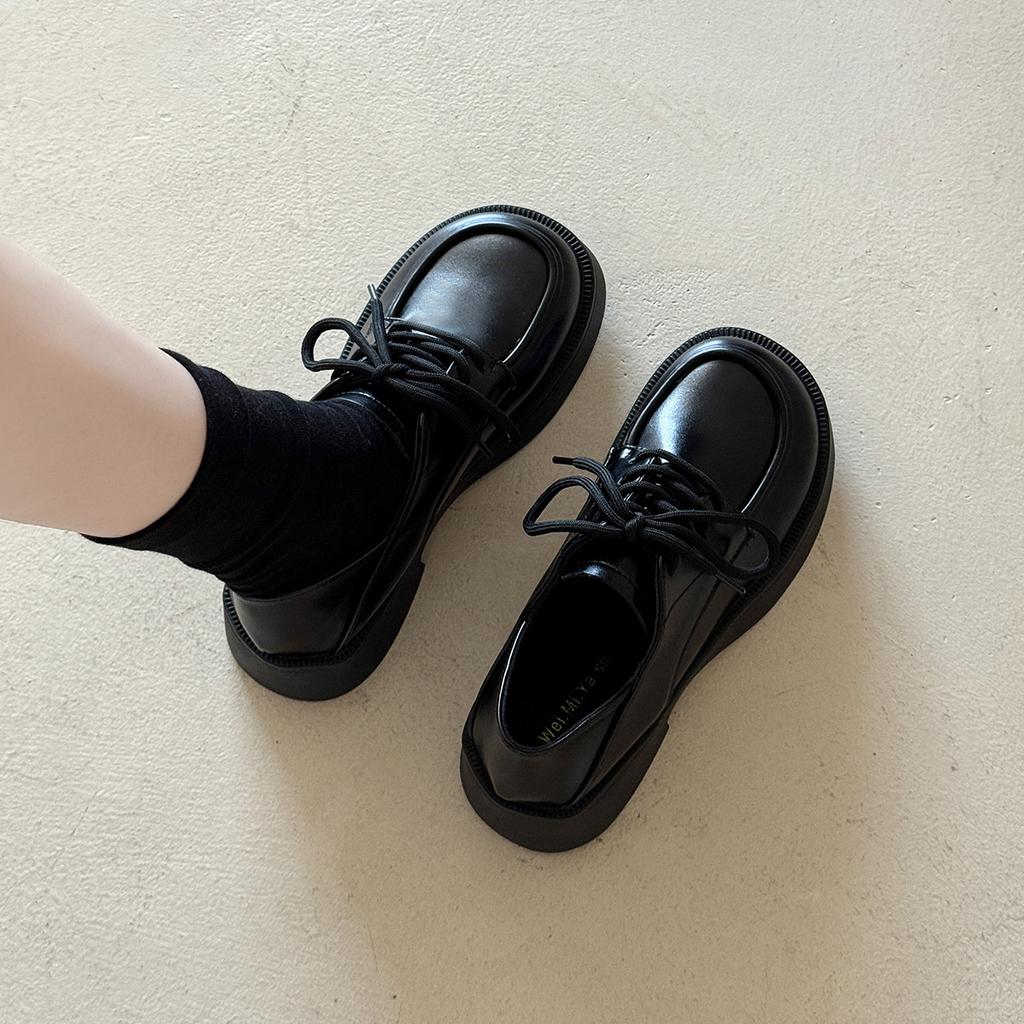 Height-increasing thick-soled lace-up small leather shoes 2025 spring new autumn and winter retro British style lazy one-pedal loafers
