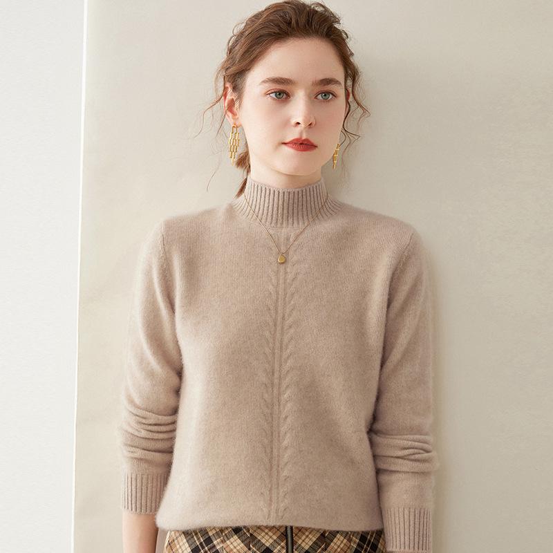Women's High Neck Cashmere Sweater - Thick Knit Solid Color Jacquard Pullover for Autumn and Winter