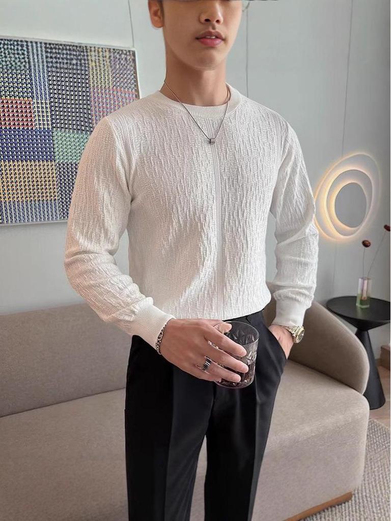 Męski dopasowany sweter żakardowy z okrągłym dekoltem - Koreański styl Kolekcja Jesień/Zima