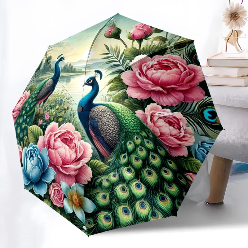 1pc Peacock, feathers pattern Umbrella Portable Folding Umbrella Iron Frame Hole Bone Structure Outdoor Home Umbrella