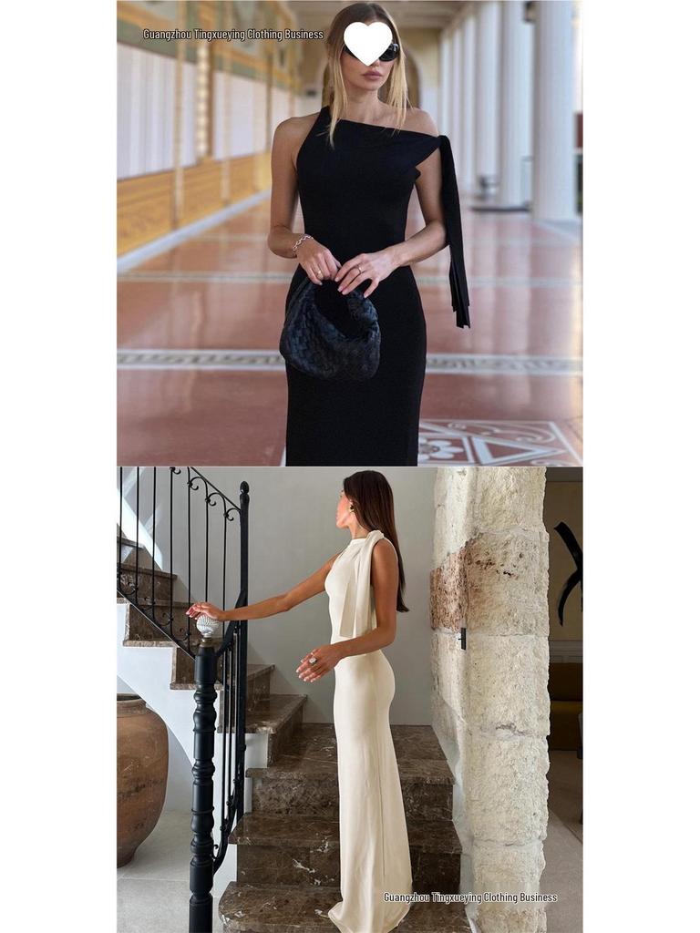 Women's Elegant One-Shoulder Summer Dress - Solid Color Draped Fashion
