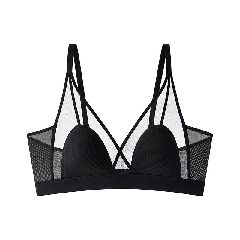 Reggiseno Nero da Donna in Rete Trasparente Senza Ferretto con Dettaglio a Incrocio e Spalline Regolabili