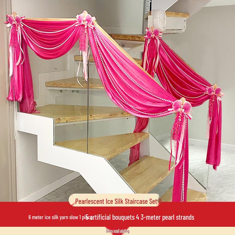 Romantic Wedding Staircase Handrail Decoration Set with Tulle, Balloons, and Pull Flowers