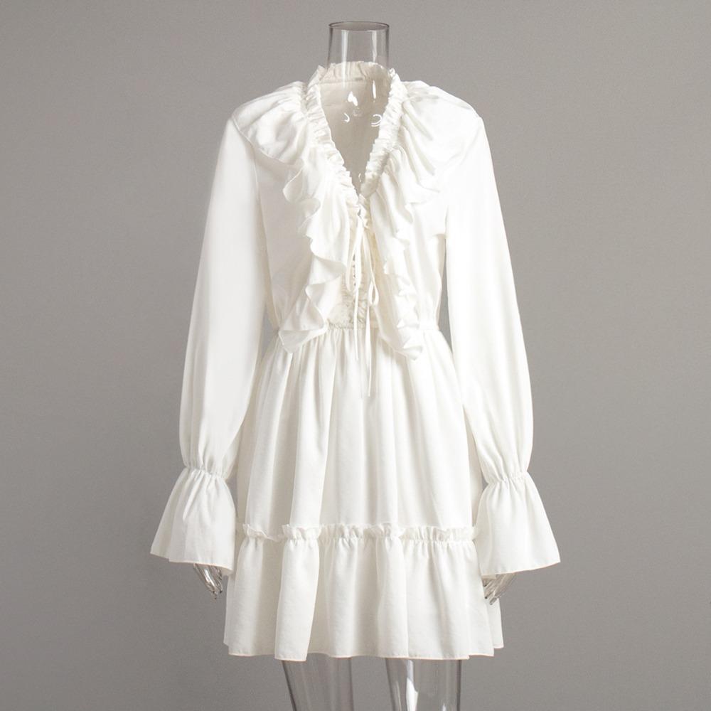 Women s V Neck Long Sleeve Mini Dress Loose Fit Elastic Waist Casual Ruffle Chiffon Dress S белый