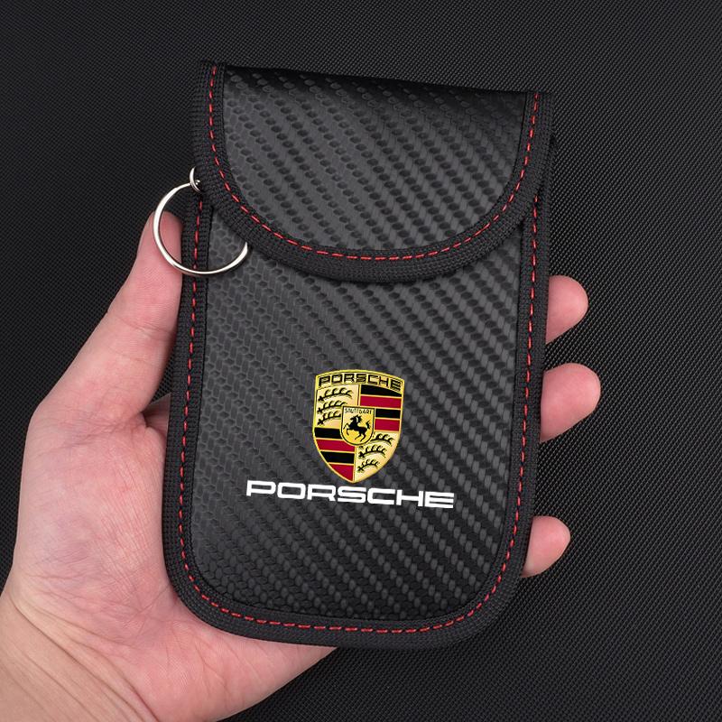 AIHQR1 Car Key Case Signal Blocker Bag Car RFID Shielding Pocket Anti-Theft Pouch For Porsche Panamera Macan Boxster Cayman 911 Sticker