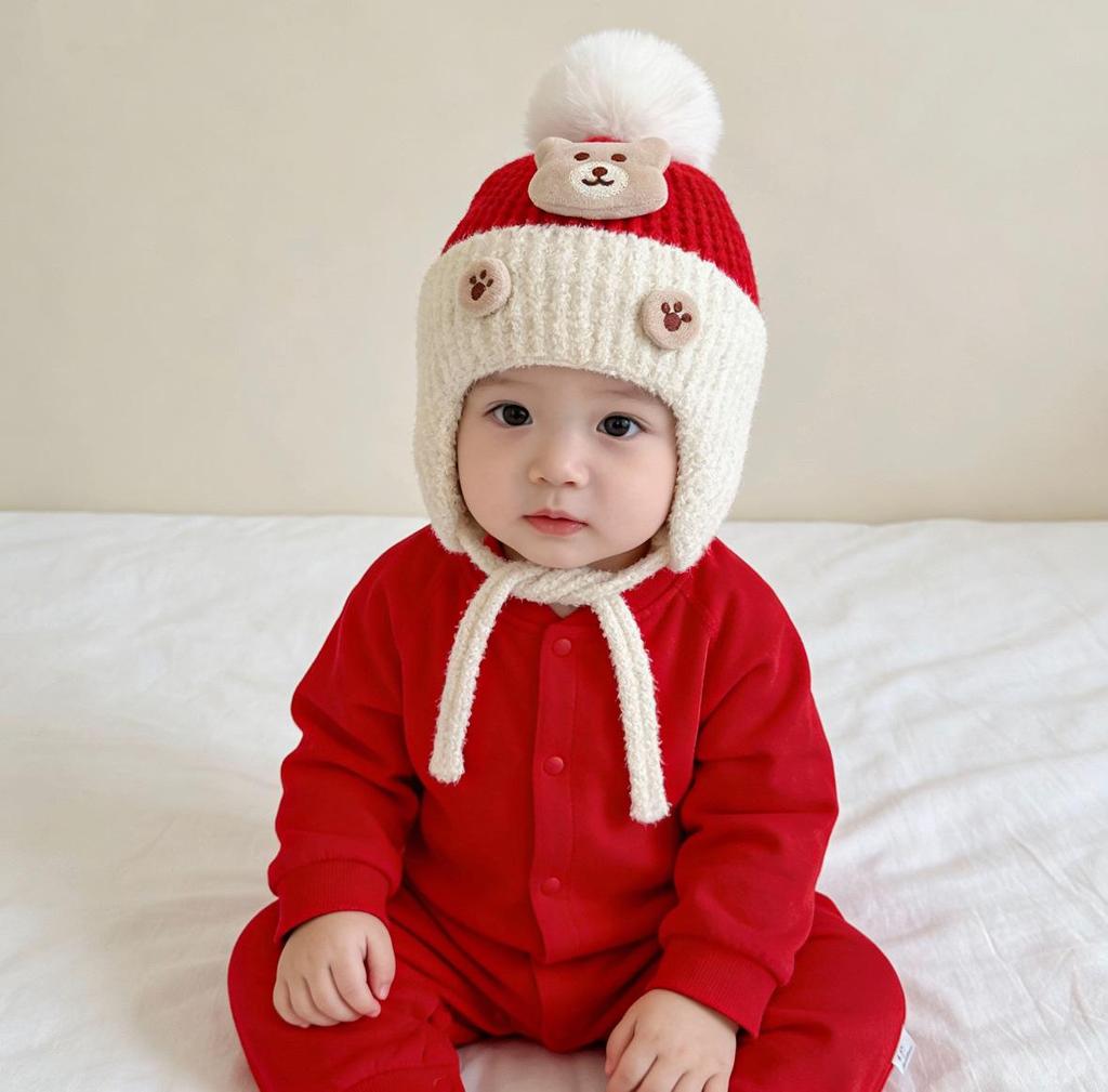 Festive Red Knit Baby Hat for Boys and Girls - Warm and Cozy for Autumn and Winter, Perfect for First Birthdays