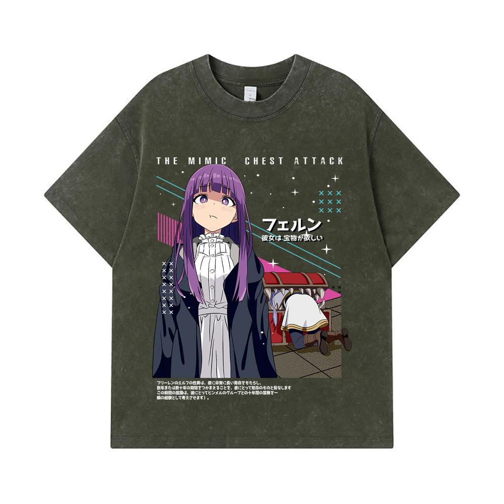 

275 GSM Washed T-shirts 100% Cotton Frieren V2 Mimic Chest Attack Print Unisex Heavy Cotton T Shirt S армия зеленый
