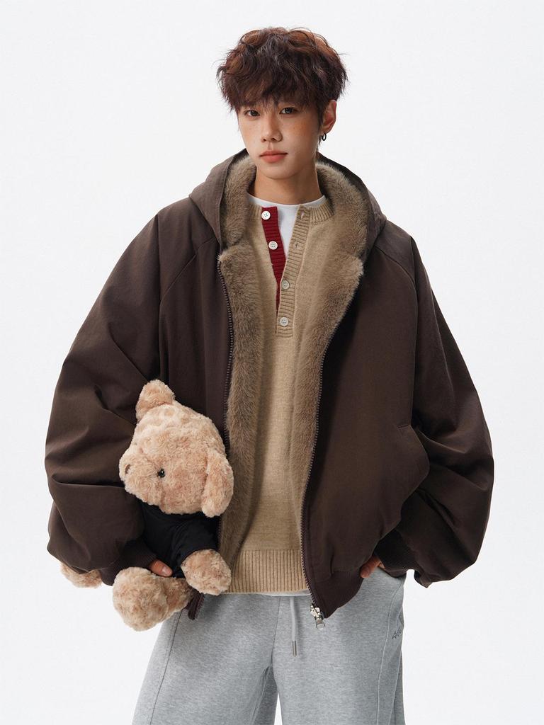 Unisex Reversible Hooded Fleece-Lined Cotton Jacket—Thick, Solid Color, Double-Sided Outerwear for Winter
