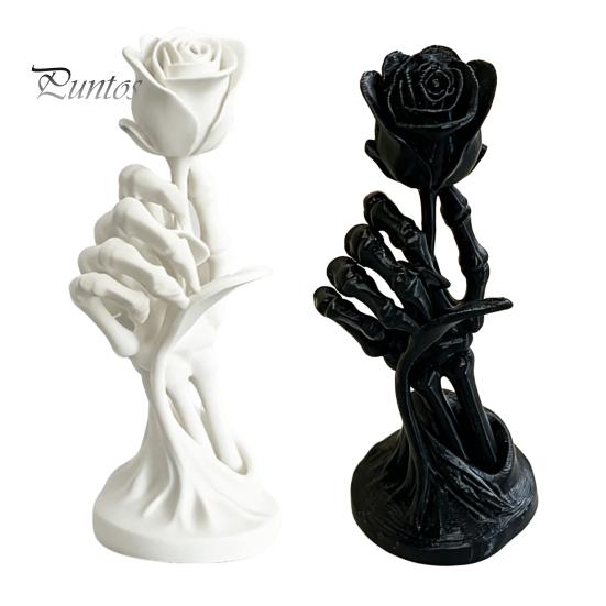 Dark Romantic Figurine Skeleton Hand Holding Rose Ornament, 3D Printed Gothic Aesthetic Exquisite Detailed Art Niche Decor, Stable Base Compact
