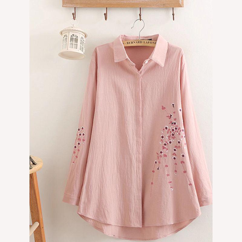 

Весняна жіноча вишита бавовняно-лляна сорочка середньої довжини великого розміру 2025 L 40-45kg