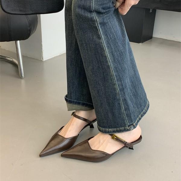 2025 spring and autumn new temperament pointed high heels women's one-word buckle with sandals thin heel bag head women's shoes