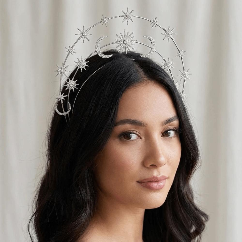 Gothic Star Moon Three Tier Crown Rhinestones Crystal Layered Design Goddess Crown Headband Lightweight Comfortable