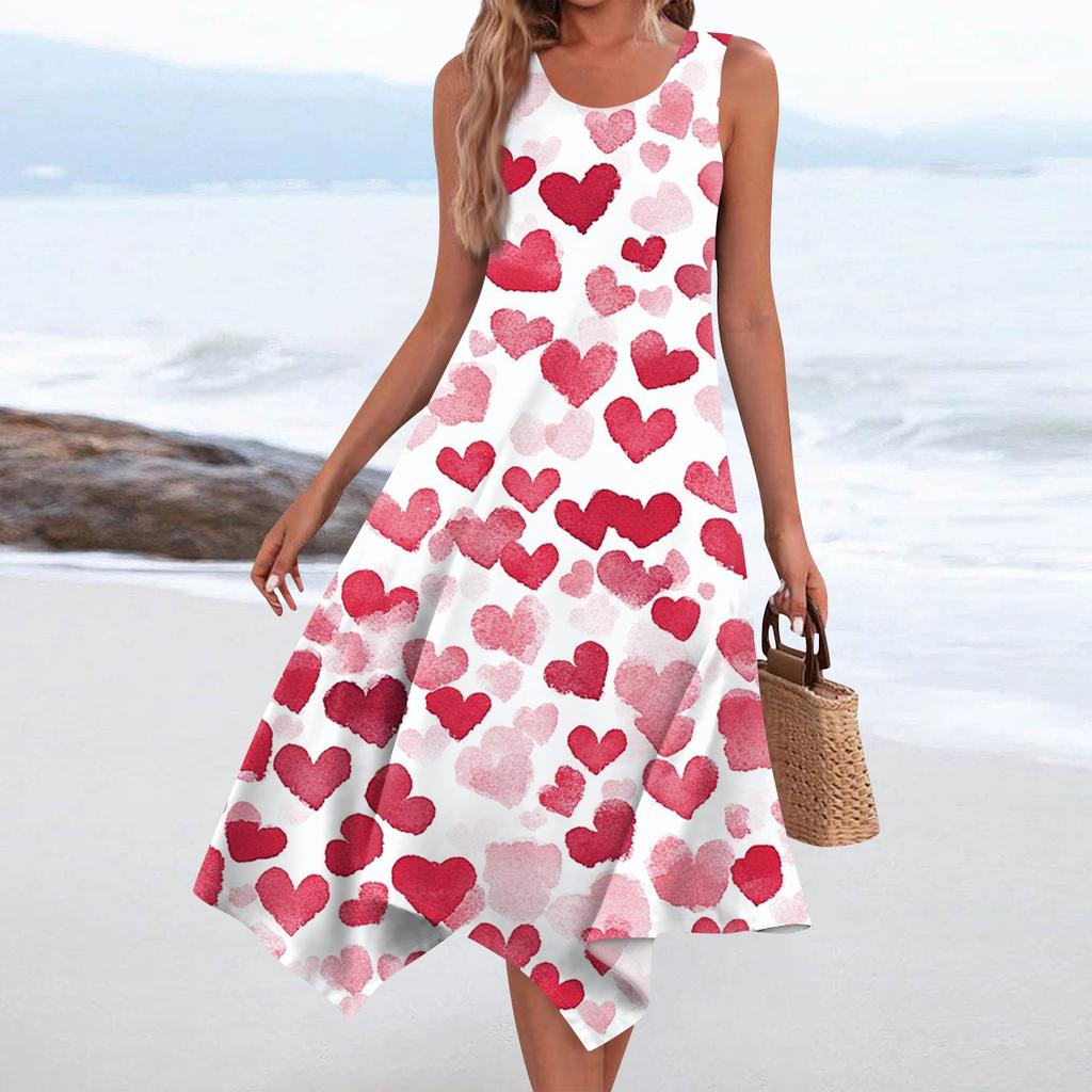 Women's Casual Fashion Round Neck Sleeveless Print Irregular Hem Midi Dress