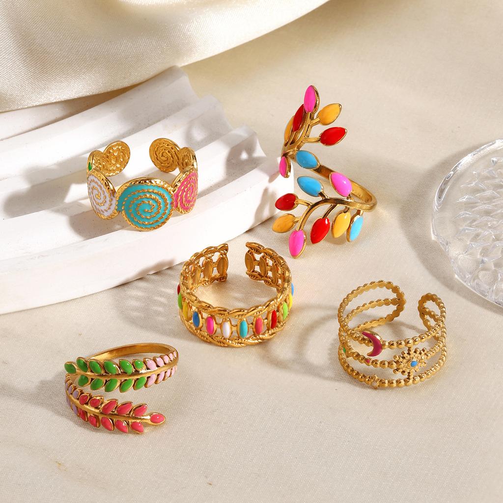 316L Edelstahl Emaillierter Blumenblattring für Damen Farbige Tropfglasur Serie Wasserfeste Ringe Luxuriöser Schmuck Geschenk