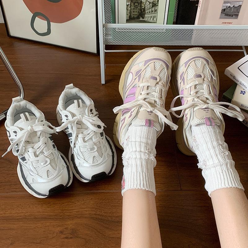 Dad Shoes Women's Hong Kong Style Retro Niche Platform Sports Shoes 2025 Autumn Versatile Mesh Casual Lace-up White Shoes