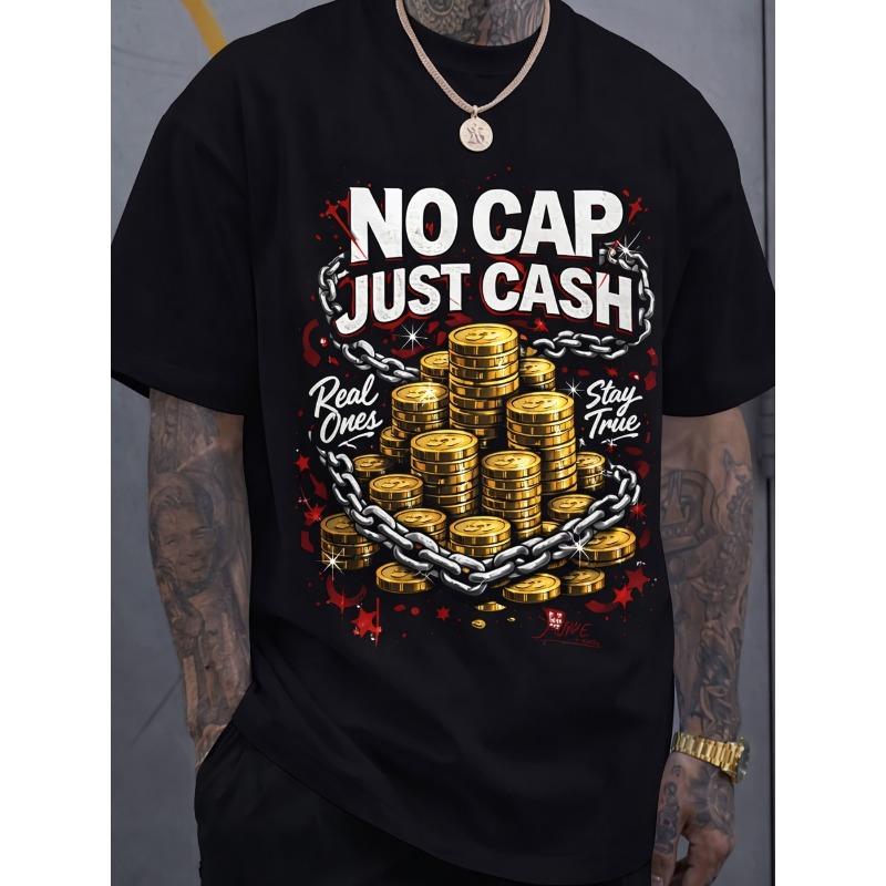 

Plus Size Men s T-Shirt - Men s Money and Wealth Themed Print, Hip-Hop Style Golden Coin and Dollar Bill Slogan Print, Casual Top, Men s Holiday Gift 4XL чорний