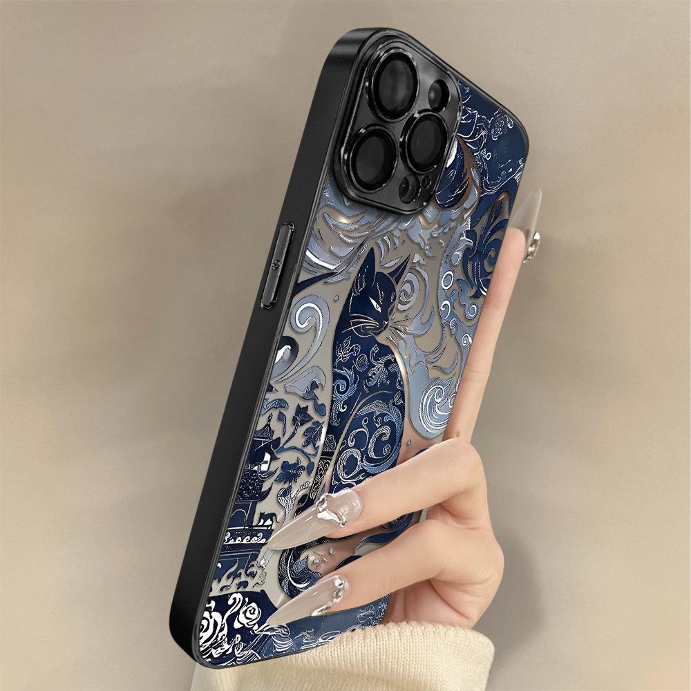 Dark Blue Cat Is Suitable for Apple 17promax16 New 15 Mobile Phone Case iPhone13 Mirror Apple 17 Mirror
