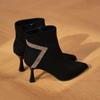 Skinny Booties with Skinny Heel In Scrub Rhinestone Fashion Pointed Toe Side Zipper Non-Slip Wear-Resistant Heels