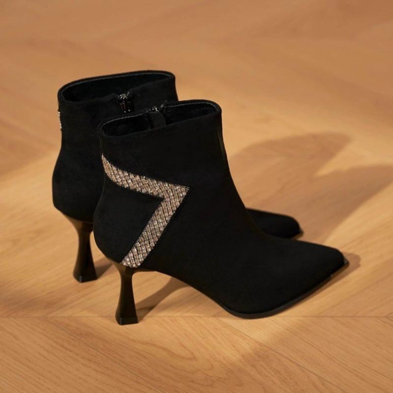 Skinny Booties with Skinny Heel In Scrub Rhinestone Fashion Pointed Toe Side Zipper Non-Slip Wear-Resistant Heels