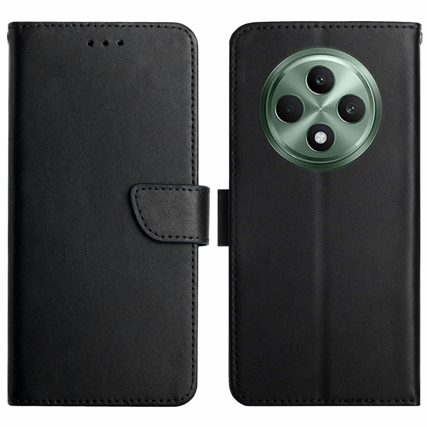 

HT02 For Oppo Reno12 F 5G Case Genuine Cow Leather Nappa Texture Phone Cover Black