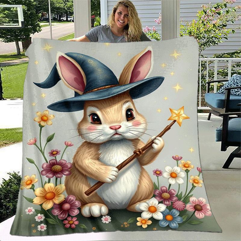 1pc Rabbit Printing Lightweight Flannel Blanket, Comfortable and Warm Blanket, for Camping Sofa Bed and Couch Office, Suitable for Gift