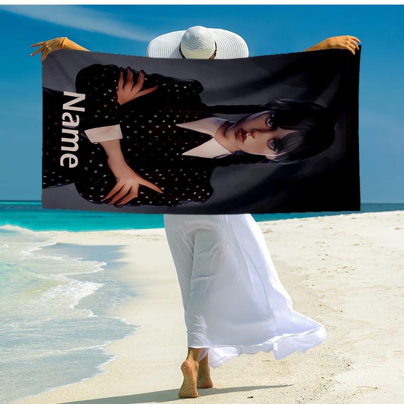 Custom Name Ultra-Soft Beach Towel with Wednesday Theme,Ideal for Pool - Camping, Diving - Perfect Travel Essential, Vibrant Beach Towel.