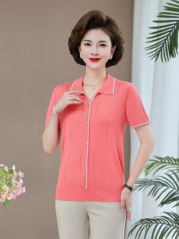 

Mom s Summer Ice Silk Short-Sleeve Lapel Top for Middle-Aged Women 3XL (suggested 150-165 jin) темно-оранжевого