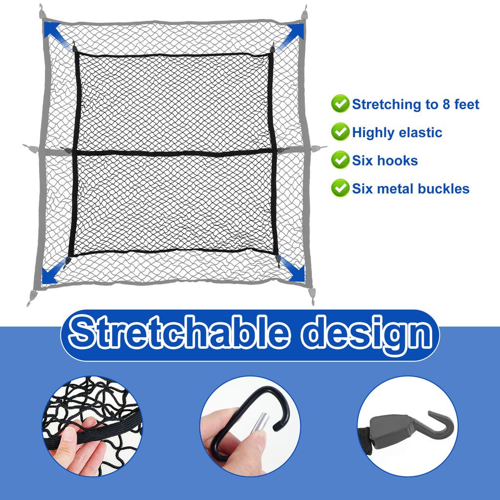 Truck Bed Cargo Net Highly Elastic Pickup Truck Bed Mesh Organizer Stretchable 4x4ft To 8x8ft  Cargo Net with Carabiners & Hooks