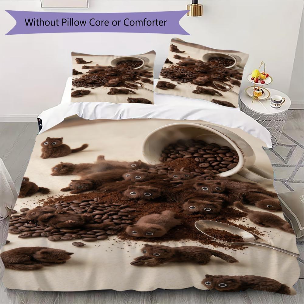 Coffee Black Cat Pattern Bedding Uilt Set Uilt Cover Pillowcase Home Decoration Birthday Gift (1 * Duvet Cover + 2 * Pillowcase Without Core)
