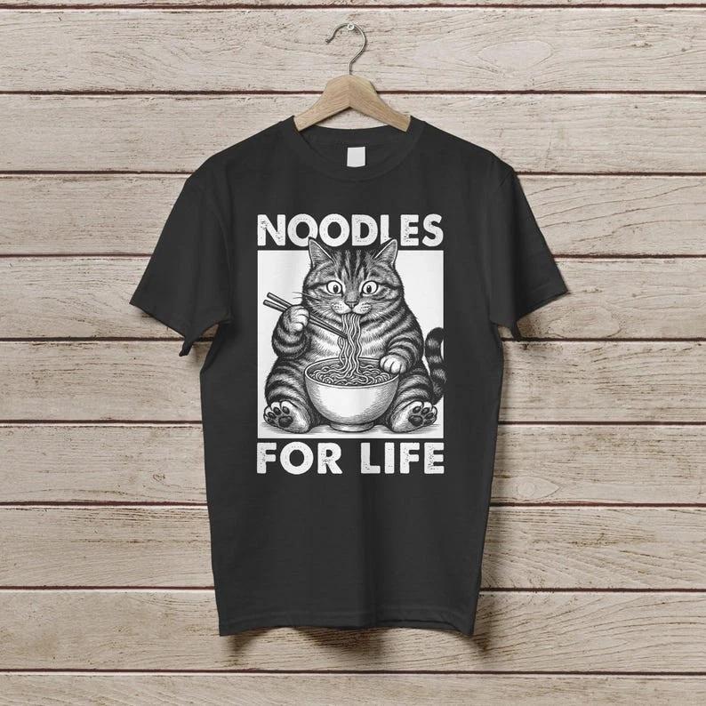 Vintage Cute Cat Eating Noodles Shirt Retro Noodle Cat T-Shirt L