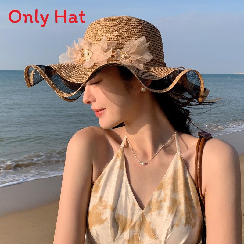 Summer Pearl Floral Straw Hat With Wide Brim For Outdoor Travel Sun Protection