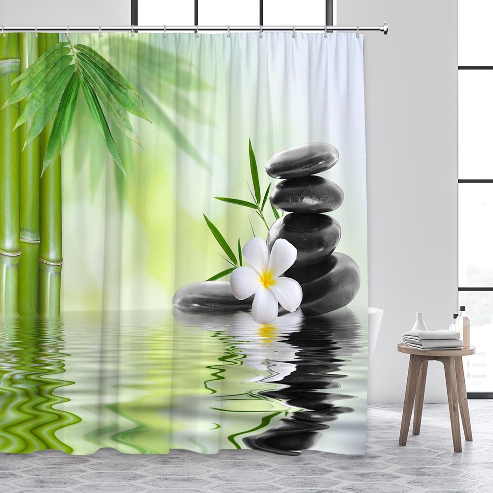 Zen Shower Curtain Green Bamboo Buddha Pink Orchid Lotus Swan Spa Nature Scenery Bathroom Curtains Fabric Home Decor with Hooks