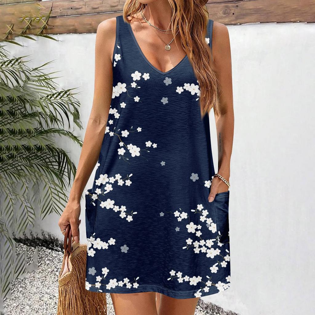 Women's Casual Sundress With Pockets Summer Boho Beach Dress Floral Blouses For Women T-Shirts Dress V Neck Loose Tank Dresses