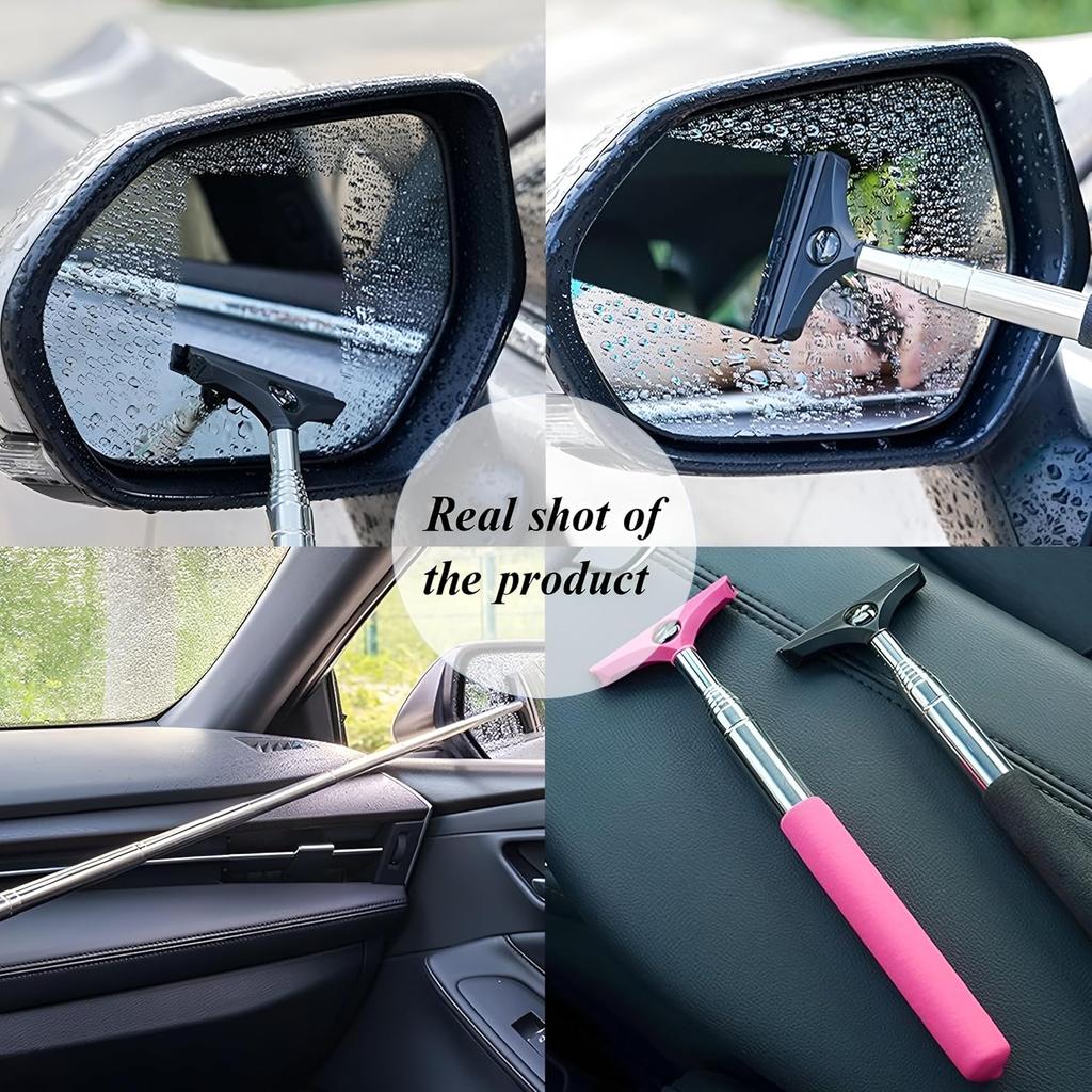 Car Side Mirror Squeegee, Anti-Fog & Water Retractable Vehicle Rearview Mirror Wiper with Telescopic Long Handle, Portable Auto Glass Cleaning Tool,