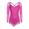 Womens Latin Dance Rhinestone Bodysuit Mesh Long Sleeve Strappy Back Tiered Tassel Hem Leotard