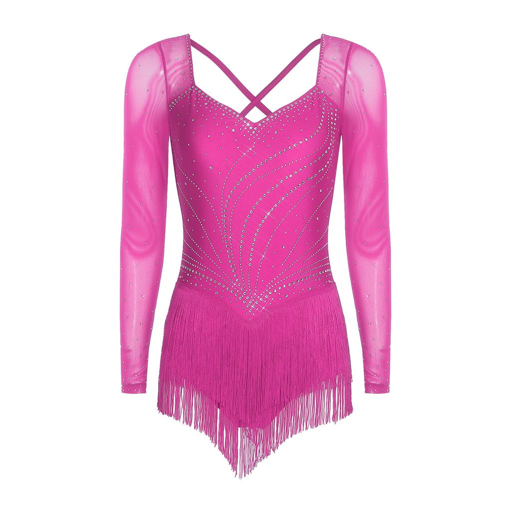 Womens Latin Dance Rhinestone Bodysuit Mesh Long Sleeve Strappy Back Tiered Tassel Hem Leotard