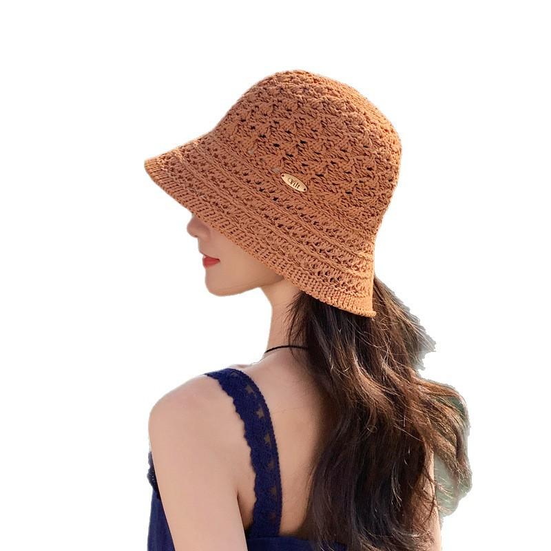 Hat Women'S Knitted Basin Hat Summer Sunscreen Visor Hat Hollowed Out And Breathable, Split Fork Bucket Hat Fashionable And Small Face