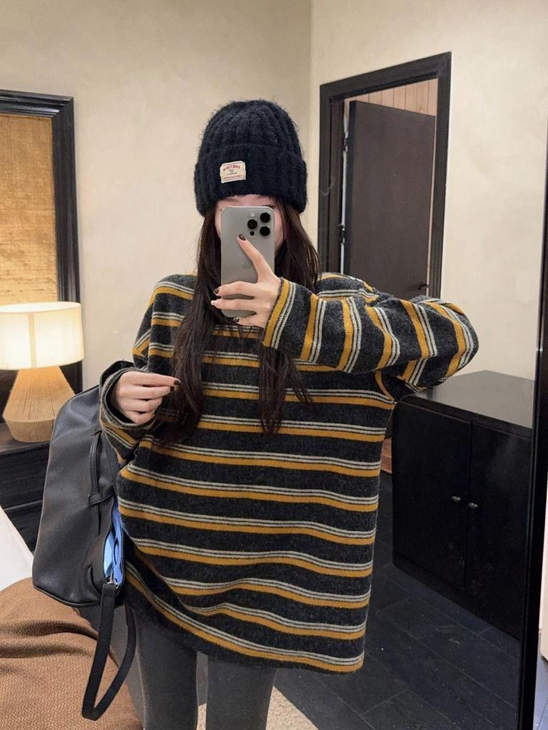 Lazy Style Color Block Striped Round Neck Long Sleeve Sweater for Women - Autumn/Winter Loose Fit, Slimming, Versatile