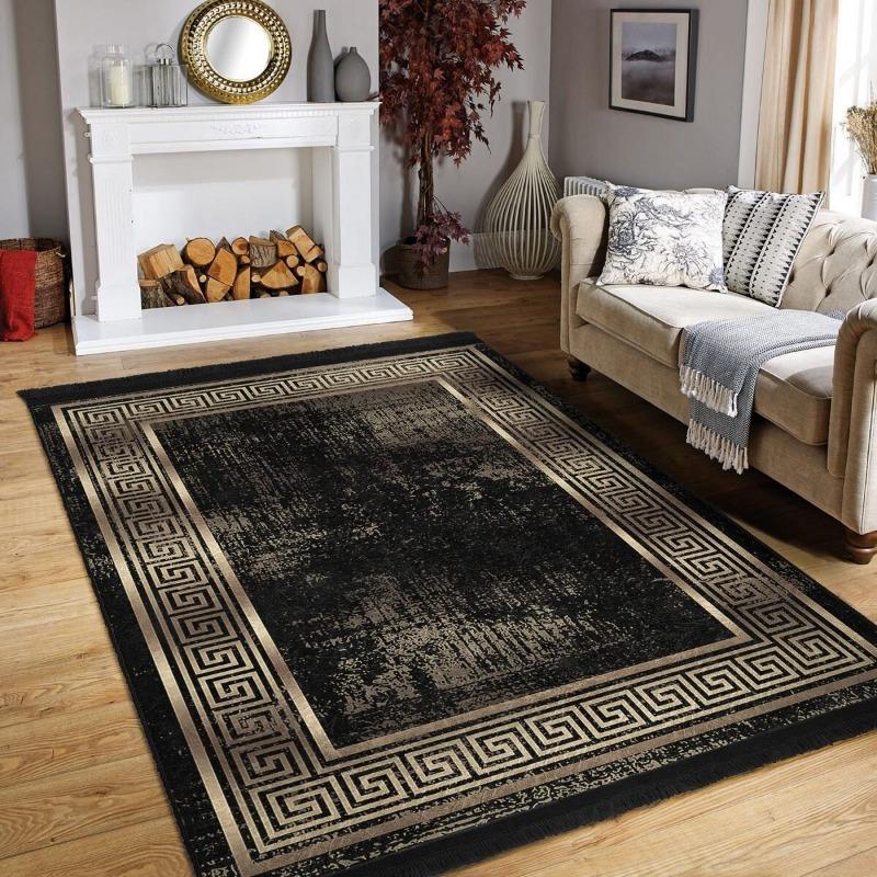 Greek Key Area Rug Luxury Soft Living Room Rug Gold Bordered Non-Slip Carpet Black Gold Bedroom Rug Kitchen Mat Chic Hall Rug